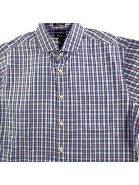 Neiman Marcus Dress Shirt Men 15.5 32/33 Blue Check Trim Fit Wrinkle Free Medium